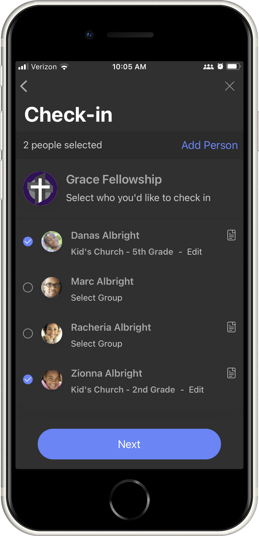 Mobile App Family Check-In Screen
